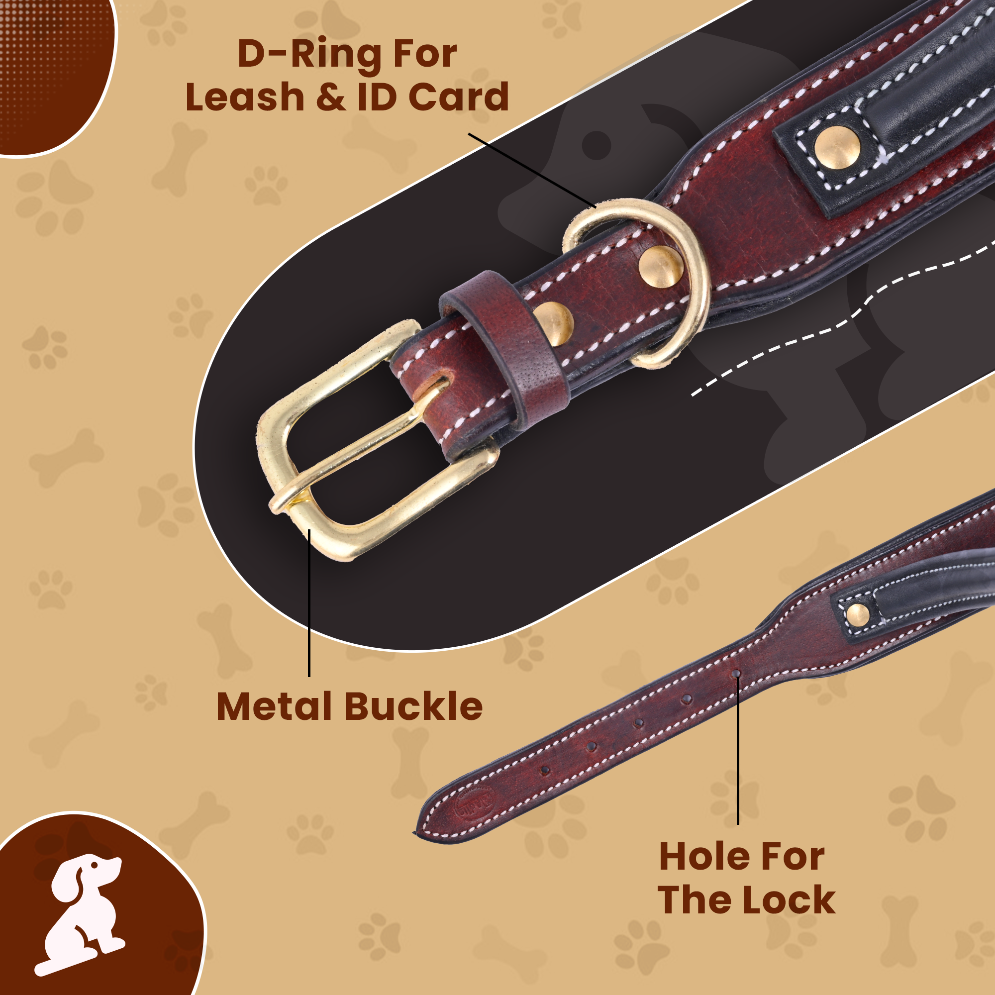 Handle Dog Collar, Adjustable Heavy Duty Leather Dog Collar with Strong Metal D-Ring